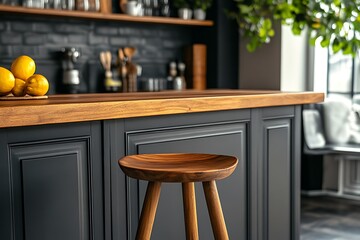 Dark Modern Kitchen with Wooden Bar Stool
