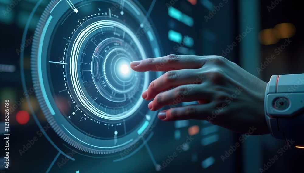 Aufkleber Futuristic hand interacts with glowing interface. Hand touches futuristic display. Sci-fi concept of AI. Tech revolutionizes connection. Global communication. Cybernetic hand. User experience.