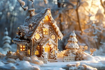 Obraz premium Beautiful gingerbread house with lights on, standing in a snowy forest at sunset, creating a magical christmas atmosphere