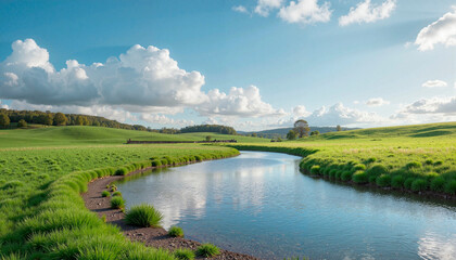 Tranquil river winding through grassy meadow under blue sky, serenity