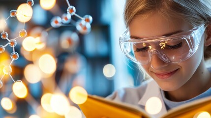 Young Female Scientist Studying Molecular Structures in Lab Research Science Book