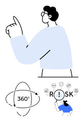 Man pointing upward, 360-degree arrows, magnifier with risk icons. Ideal for leadership, risk management, decision-making, innovation, strategy analysis business. Abstract line flat metaphor