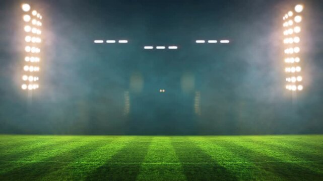 stadium Moving lights, animated flash with people fans. 3d render illustration cloudy sunset