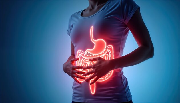 Woman feels abdominal pain. Digestive system glowing. Health concept. Gut health illustration. Focus on internal well-being. Illustration highlights importance of digestion. Woman showing stomach