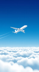 Obraz premium Plane flies in blue sky above clouds, leaving trail behind it. Illustration, vector template for webpage header 