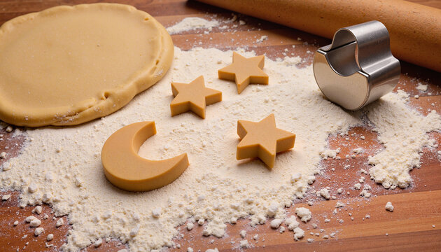 Crescent moon and stars cookie cutter on baking counter, Ramadan treats