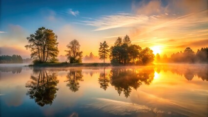 Fototapeta premium Sunrise above the horizon of a serene lake with mist and trees reflected in its calm waters, outdoors, calm, outdoors