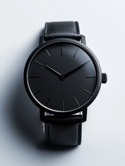 Elegant minimalist black watch with leather strap on light background