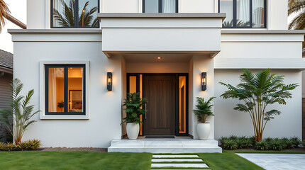 Modern Luxury House Exterior: Contemporary Home Design and Architecture.  Stunning entrance with palm trees and sleek design elements. Real estate photography