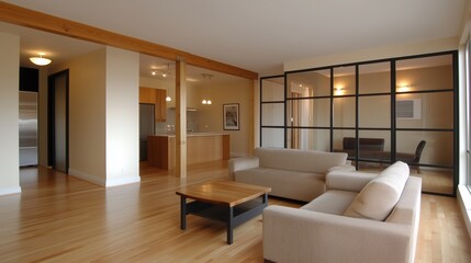Fototapeta premium A large living room with a couch, coffee table, and a kitchen. The room is bright and spacious, with a lot of natural light coming in from the windows. The furniture is modern and sleek
