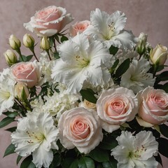 A beautiful arrangement of white azaleas and roses with soft pink accents.