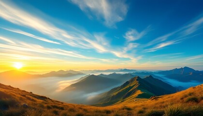 Panoramic view of a sunrise over misty mountains, with golden light illuminating grassy hills, peaks, and layers of distant mountains under a vibrant blue sky streaked with soft clouds.