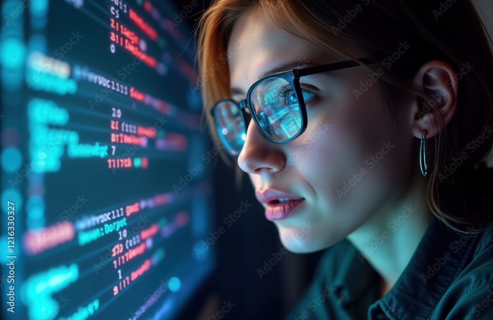 Aufkleber Concentrated woman focused on computer screen displaying complex code. Focused lady examines lines of code. Wears glasses. Modern tech expert analyzes digital data. Future of tech concept. Programmer