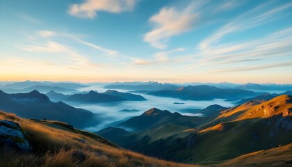 Panoramic view of a sunrise over misty mountains, with golden light illuminating grassy hills, peaks, and layers of distant mountains under a vibrant blue sky streaked with soft clouds.