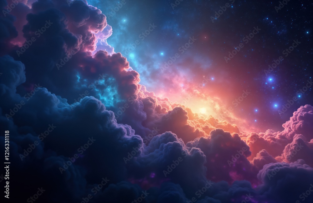 Poster fantastic space nebula, galaxy. huge colorful clouds float in outer space. stars, bright lights twin