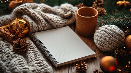 Festive New Year scene featuring a blank notebook for resolutions surrounded by Christmas decor and elements for inspiration