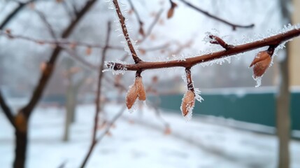 Frosty tree branch buds, winter scene, snowy urban background, nature photography for seasonal design