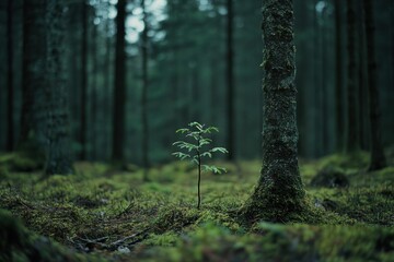 A small sapling growing amidst a serene, dark green forest with moss-covered ground and tall trees 
