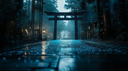 Glowing Torii Gate, Kyoto, Japan. Spiritual Journey at Night, Digital Rain Effect in the Forest