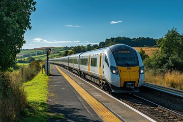 Modern train arriving at a countryside station under a bright blue sky with lush green fields and hills in the background