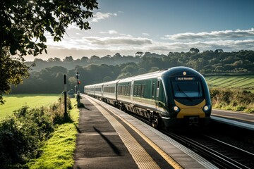 Modern train arriving at a countryside station under a bright blue sky with lush green fields and hills in the background