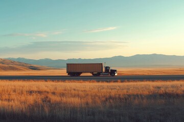 Naklejka premium Truck driving through golden fields with mountains in the background, captured at sunrise, symbolizing transportation, freedom, and the open road