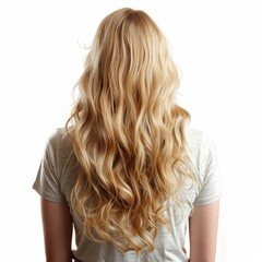 Naklejka premium Woman with long wavy blond hair is posing in a studio, showcasing her healthy and shiny locks