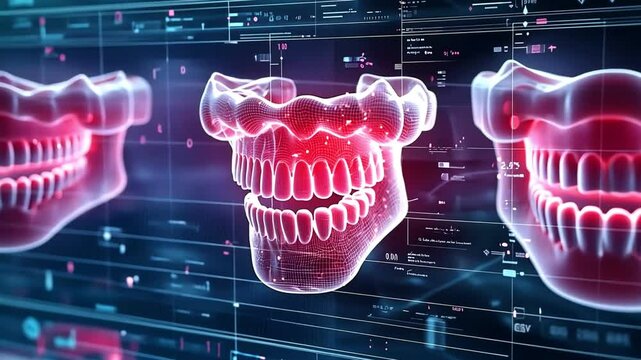 Futuristic digital skulls on a backdrop of glowing data and advanced technology.