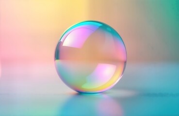 Colorful iridescent soap bubble floats on multicolored background. Bubble displays vibrant colors, soft gradients. Abstract art piece with no people. Modern, trendy design. Perfect for wallpaper art
