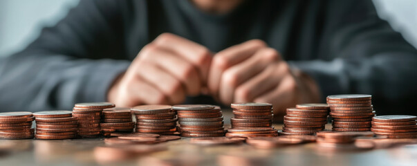 Struggling man counting coins, representing financial hardship and bankruptcy. image captures emotional weight of financial stress and uncertainty