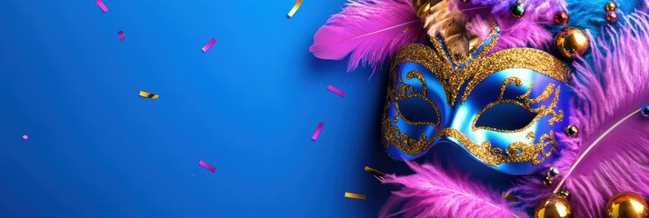 Colorful Mardi Gras mask with feathers and confetti on blue background, evoking festive atmosphere. Perfect for celebrations and parties