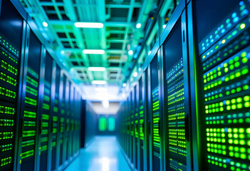 Obraz premium Data center, server room, neon blue and green lights, futuristic technology, rows of server racks, glowing LED displays, high-tech infrastructure, cyberpunk aesthetic, digital network, computer mainfr