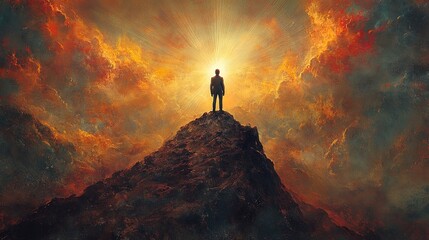 Fototapeta premium Leader standing at the top of a mountain with rays of sunlight shining, representing new beginnings 
