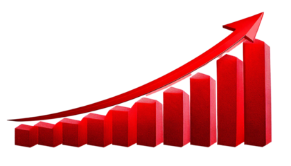 Red upward arrow graph showing rising trend, cut out png isolated on transparent background