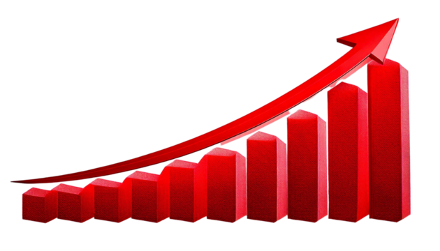 Red upward arrow graph showing rising trend, cut out png isolated on transparent background