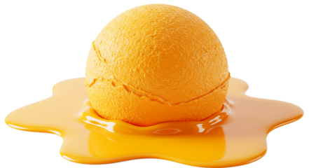 Soft orange ice cream ball melting with transparent background. Dessert sweet refreshing food