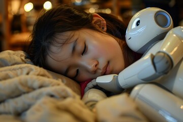 Girl sleeping and hugging her robot in a cozy and futuristic bedroom