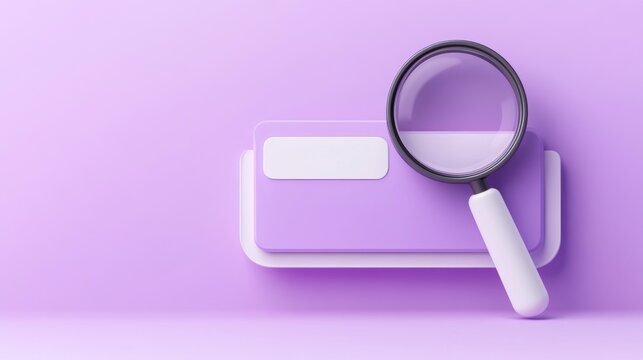 3D minimalist search bar interface, white rounded window design, purple accent color scheme, floating browser UI elements, magnifying glass icon, soft pastel background, clean web navigation layout,