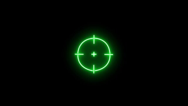Glowing neon aim cross, target search and aiming animation icon. Glowing neon 3D  target icon. Crosshair, gun aim, sniper target, precise shoot, hunting, target audience on black background.