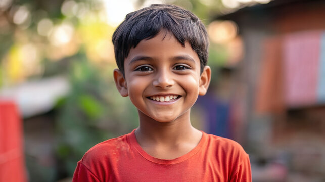 Smiling young boy in red shirt, outdoors, with joyful expression. background features greenery and blurred structures, creating warm atmosphere