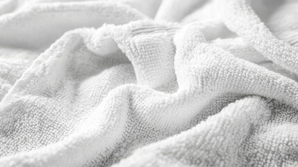 Elegant towel material close-up, snow white terry weave, subtle fabric label integration, textural depth focus, sophisticated fabric study, clean background, luxury lifestyle photography