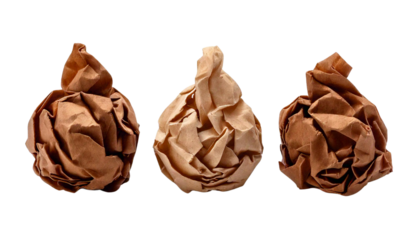 three crumpled papers isolated on transparent background