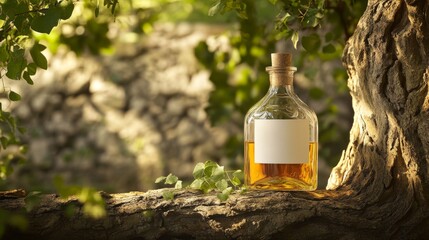 Clear glass bottle containing golden liquid, pristine white paper label, textured bark background, organic composition, verdant foliage accents, shallow depth of field, soft natural lighting,