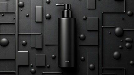 Matte Black Lotion Dispenser on Textured Black Surface with Shapes