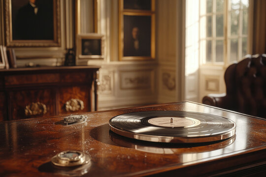A vintage record player sits on a polished wooden table in a sunlit, antique-filled room.