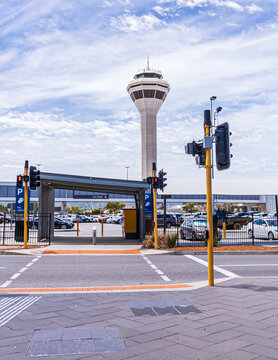 View of airport control tower outside of Perth airport in Western Australia.
