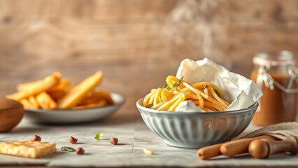 Steaming Bowl of Buttery Noodles with Crispy Fries and a Caramel Sauce