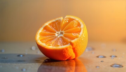 Vibrant mandarin orange slice on reflective surface. Juicy segments, water droplets highlight freshness. Warm backdrop enhances healthy, natural image. Perfect for food blogs, healthy living content,