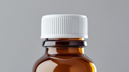 supplement container close-up, transparent brown glass bottle, white screw cap, empty label space, professional healthcare photography, skin tone background, clinical aesthetic, studio lighting
