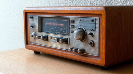 Fototapeta premium A classic 1970s-style radio featuring warm wooden paneling and textured silver dials, resting on a light wooden surface with intricate details that evoke retro sophistication and nostalgia.